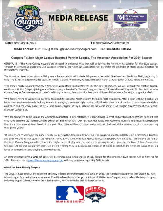 Kane County Cougars To Join Major League Baseball Partner League, The American Association For 2021 Season